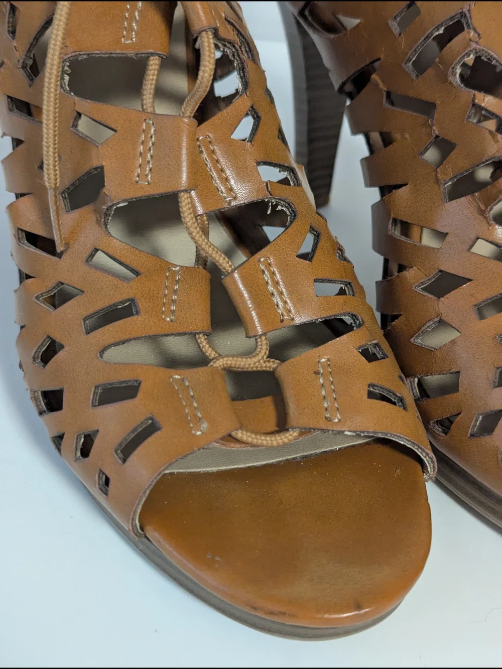 CP Shades Tan Laser-Cut Lace-Up High Heel Sandals